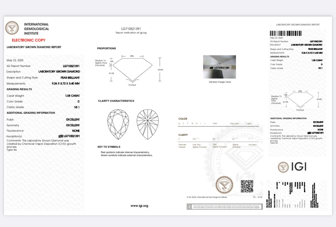 Diamant Tropfen Schliff 1,08 Karat / VS1 / D / IGI zertifiziert/ CVD