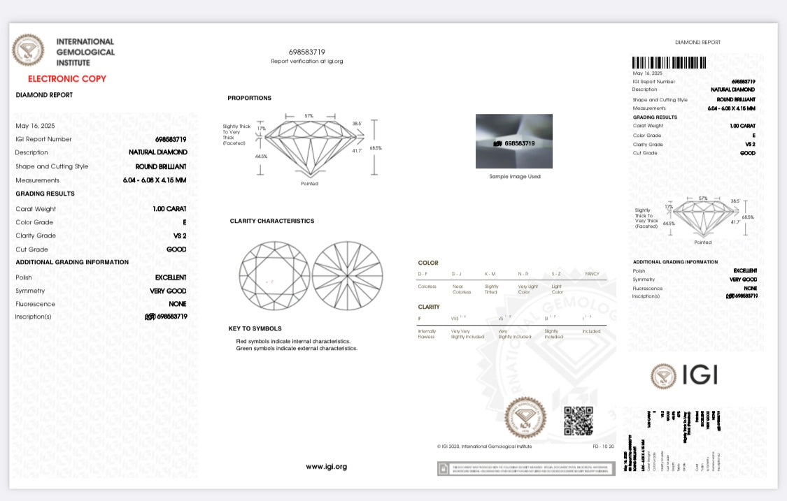 Natürlicher Diamant Brillant Schliff 1 Karat / VS2 / E / IGI zertifiziert