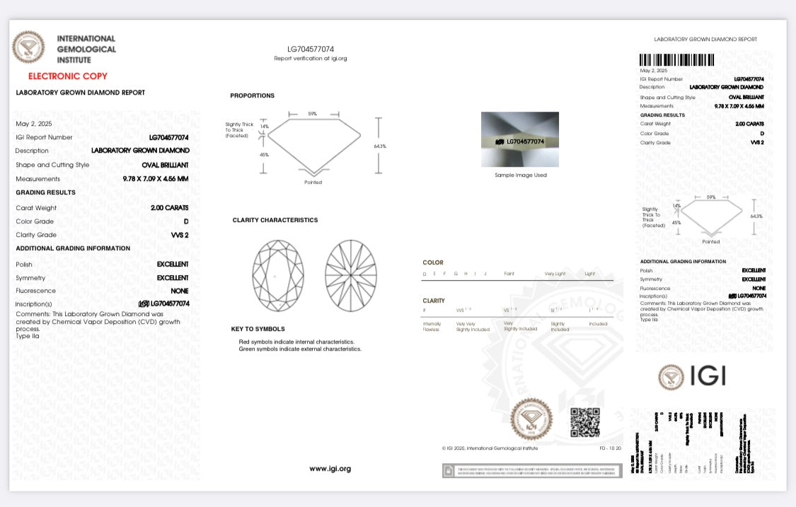 Diamant Oval Schliff 2 Karat / VVS2 / D / IGI zertifiziert / CVD