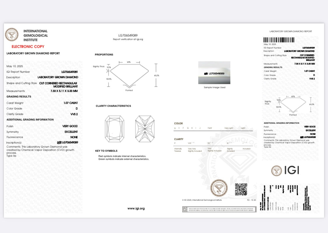 Diamant Radiant Schliff 1,07 Karat / VVS2 / D / IGI zertifiziert/ CVD
