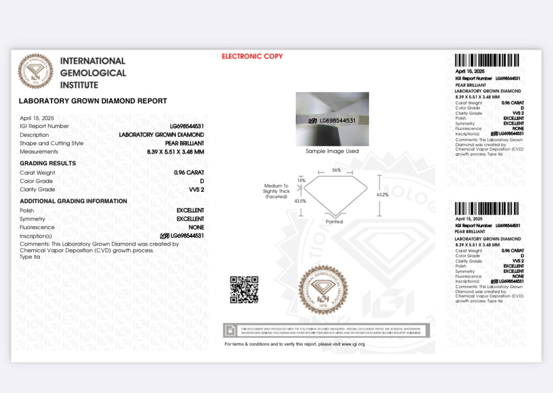 Diamant Tropfen Schliff 0,96 Karat / VVS2 / D / IGI zertifiziert/ CVD