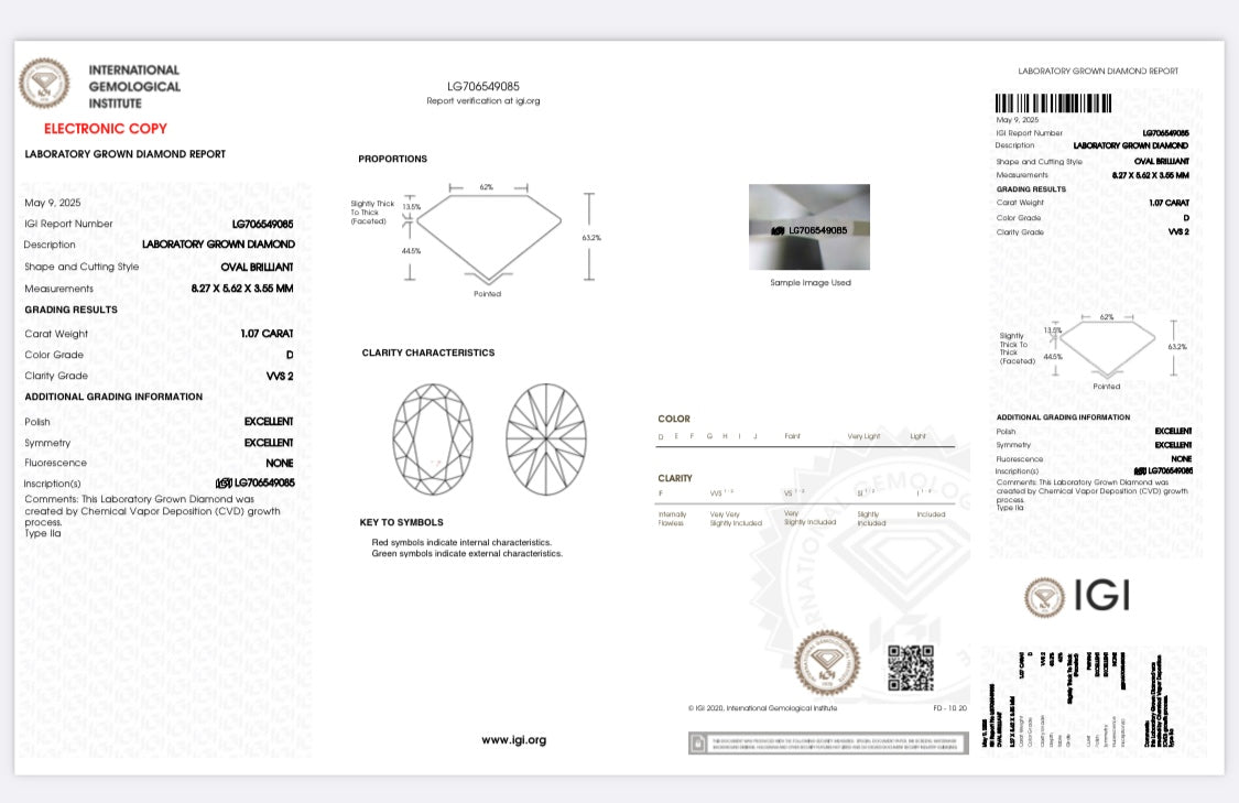 Diamant Oval Schliff 1,07 Karat / VVS2 / D / IGI zertifiziert / CVD