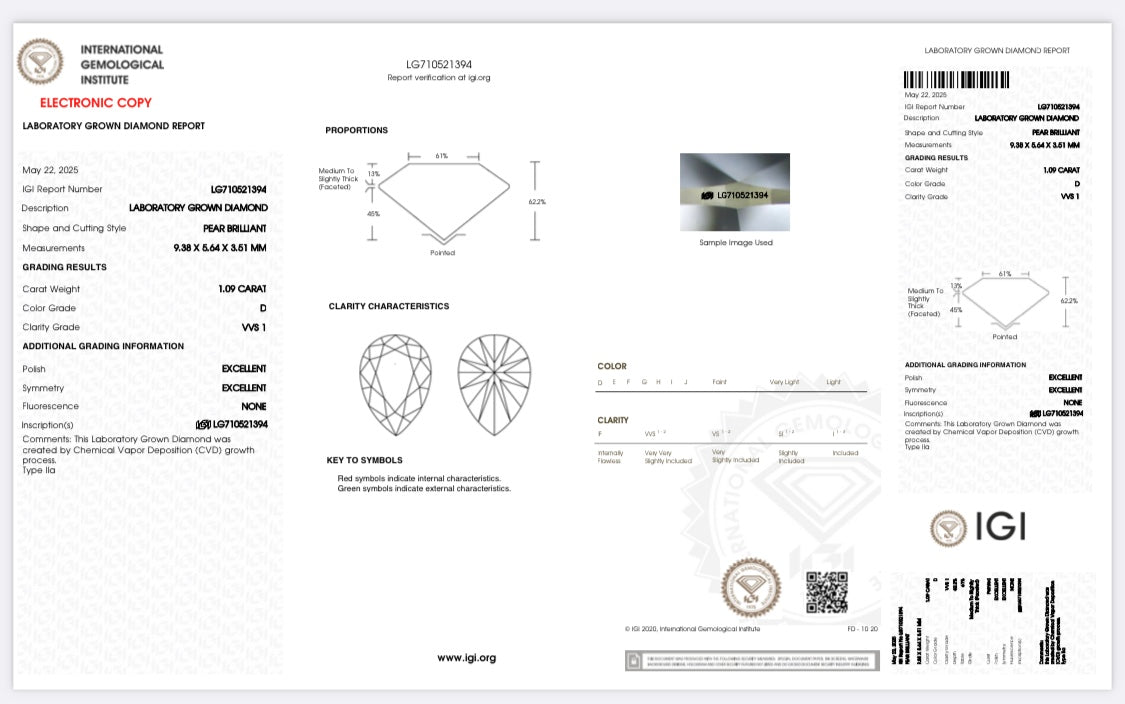 Diamant Tropfen Schliff 1,09 Karat / VVS1 / D / IGI zertifiziert/ CVD