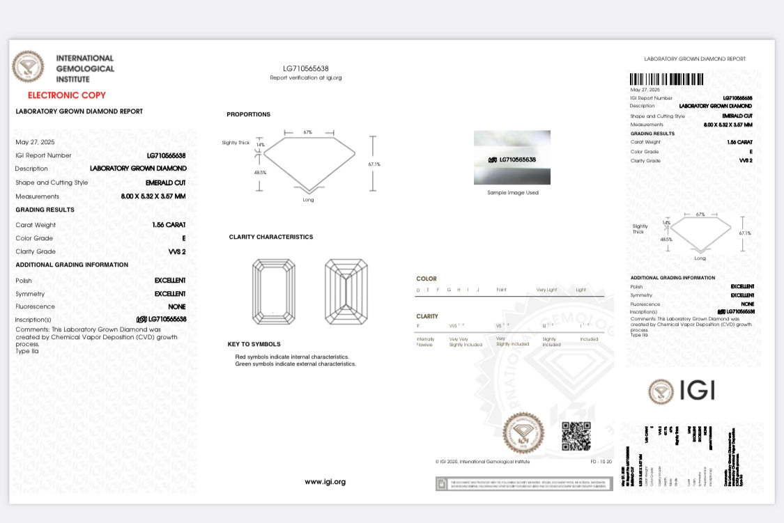 Diamant Smaragd Schliff 1,56 Karat / VVS2 / E / IGI zertifiziert/ CVD