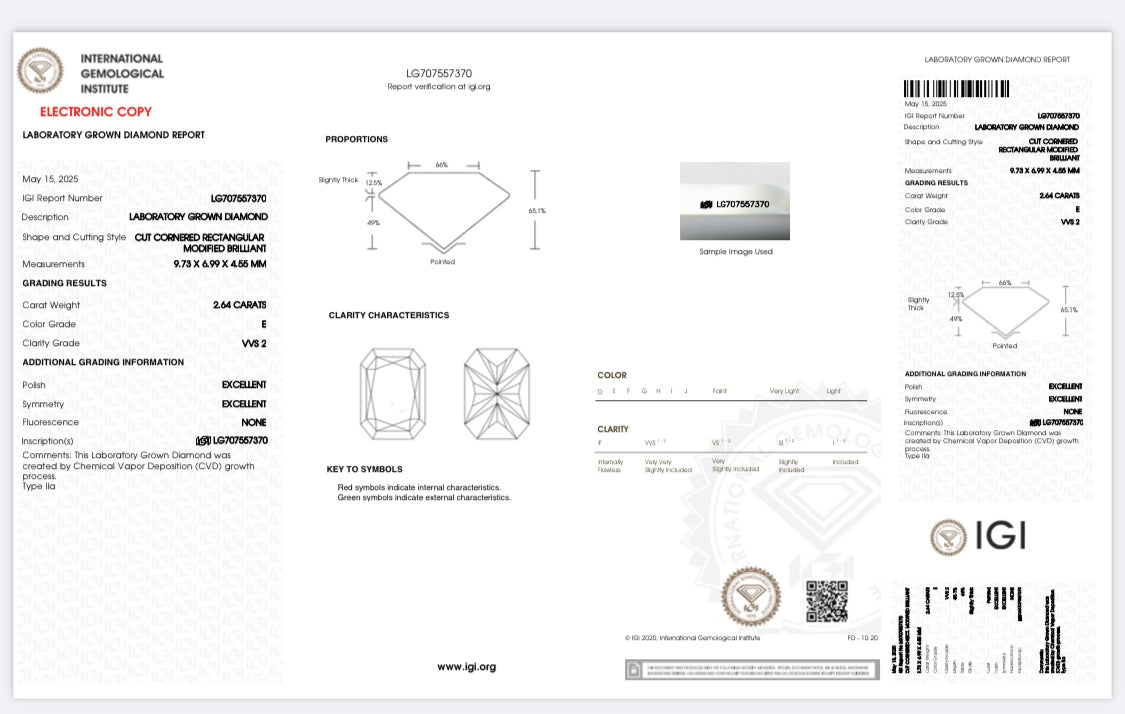 Diamant Radiant Schliff 2,64 Karat / VVS2 / E / IGI zertifiziert / CVD