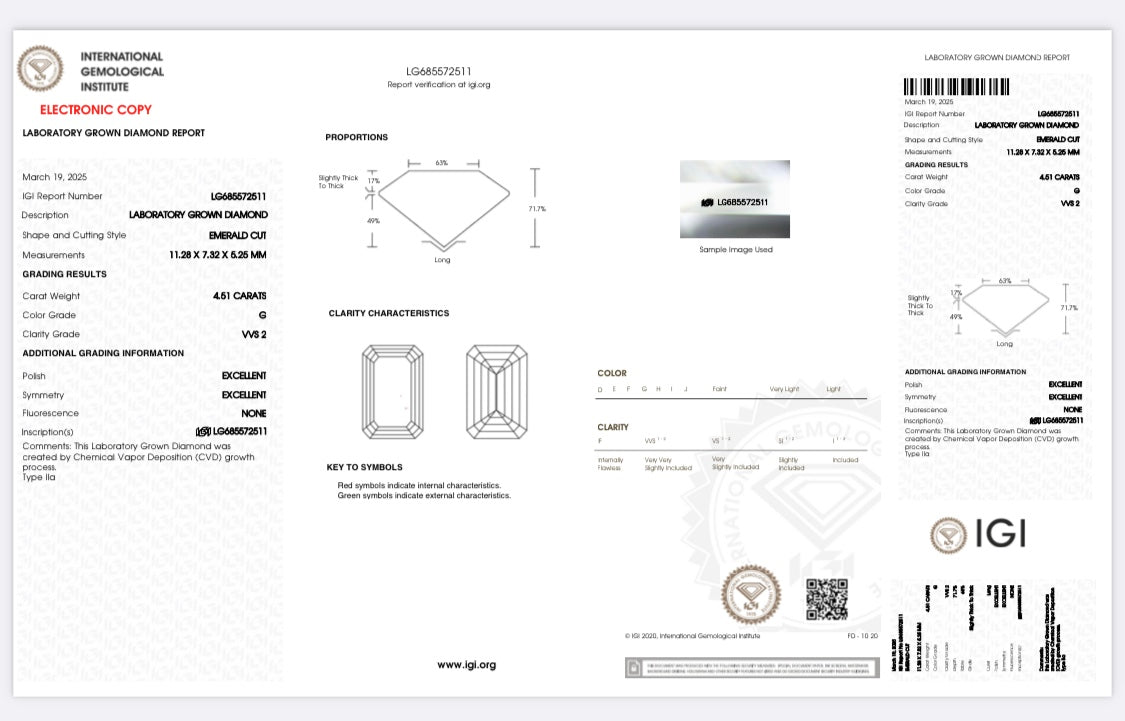 Diamant Smaragd Schliff 4,51 Karat / VVS2 / G / IGI zertifiziert / CVD