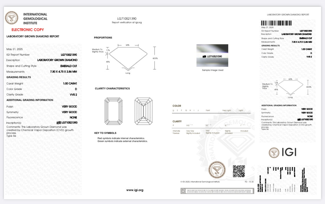 Diamant Smaragd Schliff 1 Karat / VVS2 / D / IGI zertifiziert / CVD