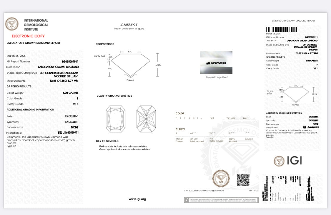 Diamant Radiant Schliff 6,08 Karat / VS1 / F / IGI zertifiziert/ CVD