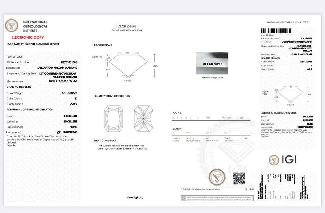 Diamant Radiant Schliff 3,81 Karat / VVS2 / D / IGI zertifiziert/ CVD
