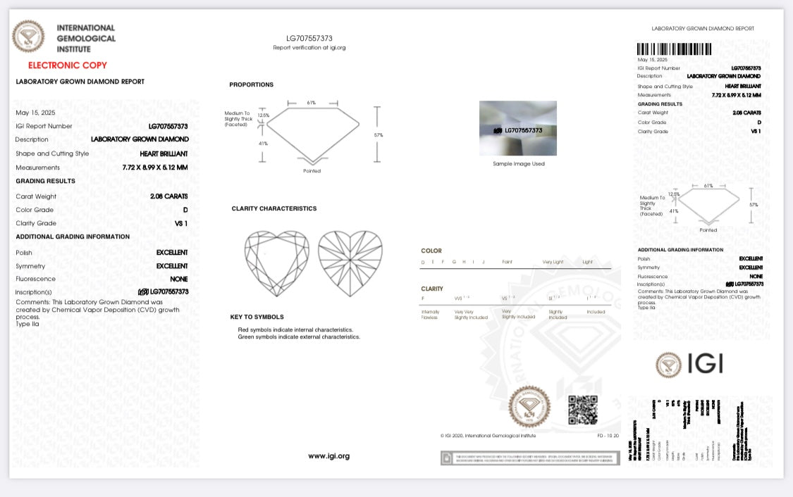 Diamant Herz Schliff 2,08 Karat / VS1 / D / IGI zertifiziert/ CVD