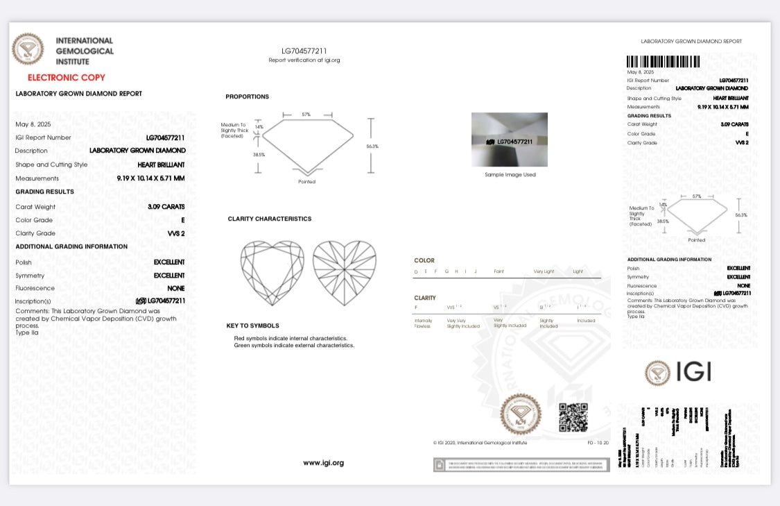 Diamant Herz Schliff 3,09 Karat / VVS2 / E / IGI zertifiziert / CVD