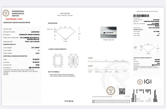 Diamant Radiant Schliff 3,81 Karat / VVS2 / D / IGI zertifiziert/ CVD